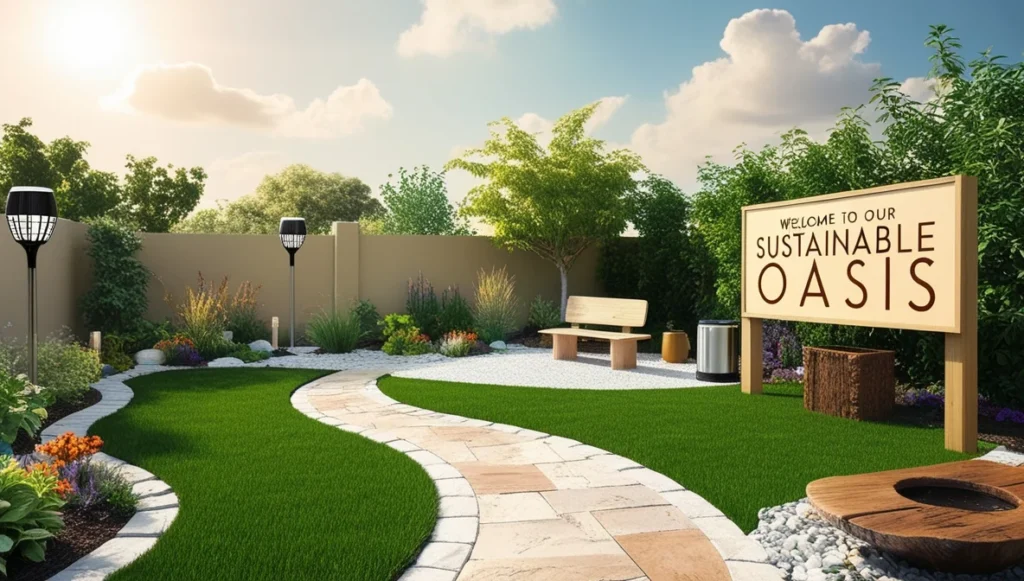 Eco-friendly front yard with native plants, a rain garden, and sustainable landscaping features