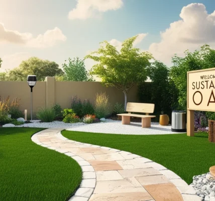 Eco-friendly front yard with native plants, a rain garden, and sustainable landscaping features