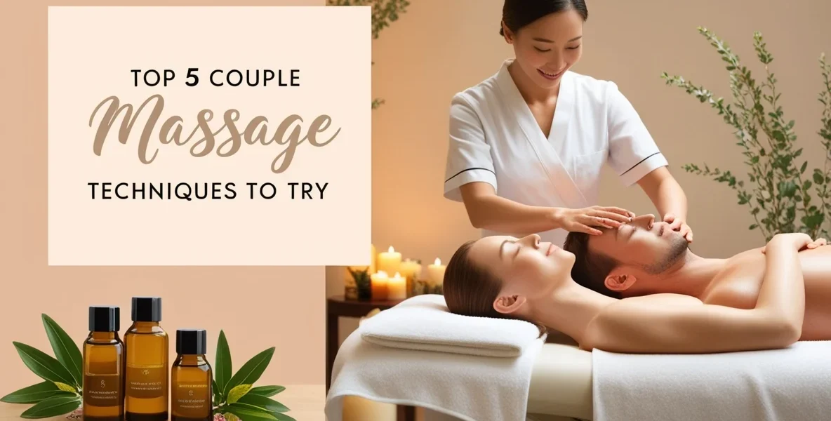 Two people enjoying a relaxing couple massage, lying side by side in a serene spa setting