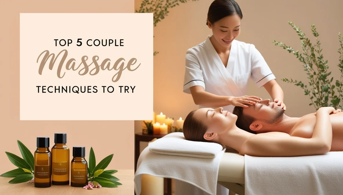 Two people enjoying a relaxing couple massage, lying side by side in a serene spa setting